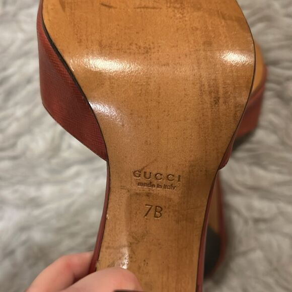 Gucci authentic blondie red and brown tie‎ slip on heel - Picture 10 of 12